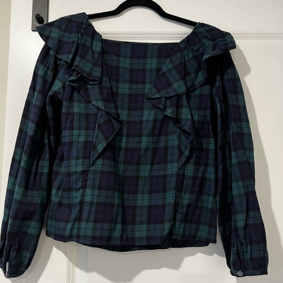 J.Crew Black Watch Plaid Ruffle Flannel Shirt - Picture 4 of 5